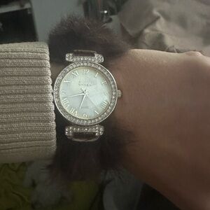 BONGO Silver Watch with Brown Fur Strap